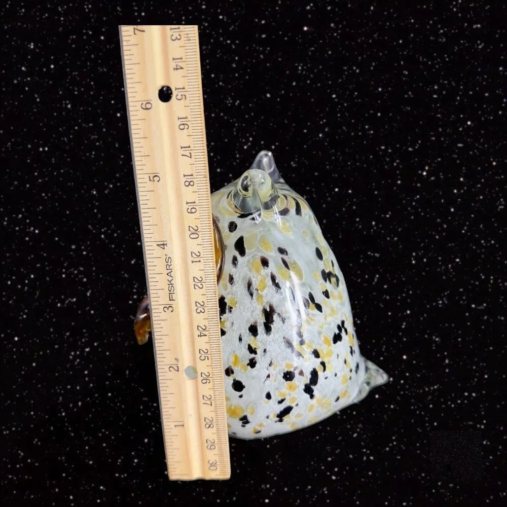 Hollow Owl Bird Art Glass Paperweight Figurine White With‎ Dots Amber Eyes Glass